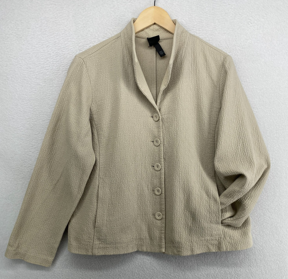 EILEEN FISHER Jacket L Organic Cotton Crinkle Textured Button Up Blazer Beige